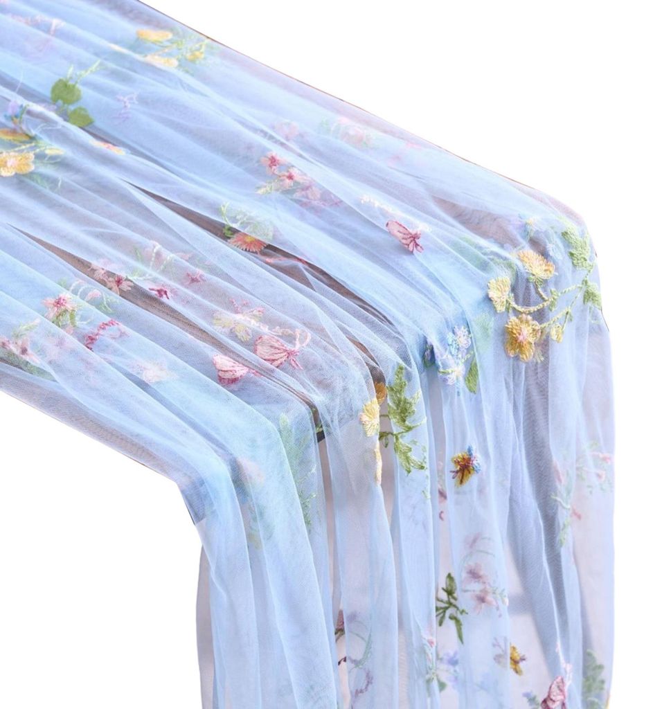 Tischläufer mit Stickerei, Blumenmuster, transparenter Tüll-Tischläufer, Schmetterlingsblumen-Tischläufer für Esstisch, Hochzeit, Babyparty, F...
