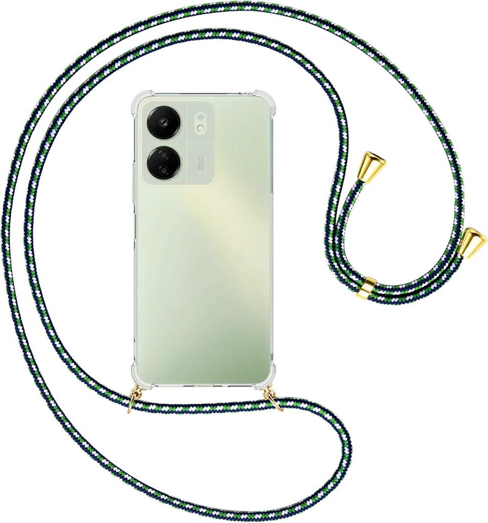 Handykette Backcover-Schutzhülle mit Band (Metall goldfarben) für Xiaomi Redmi 13C (6.71'') - grün/blau/weiß
