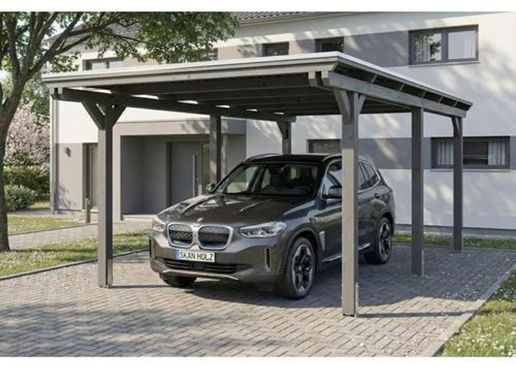 Einzelcarport SKAN HOLZ Emsland inkl. EPDM Folie, Pfostenanker 340 x 604 cm schiefergrau