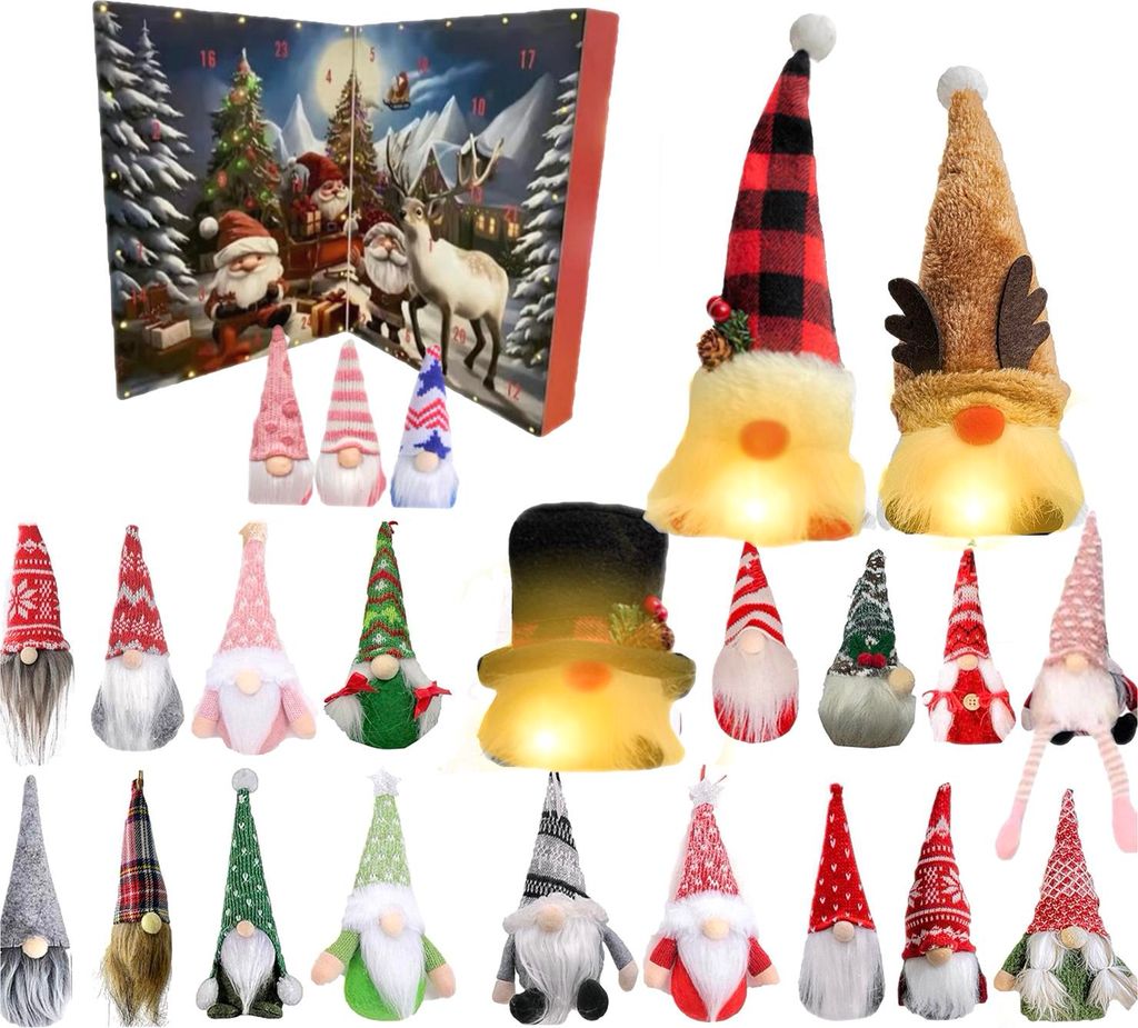 Zwergen-Adventskalender 2025, 24-tägiger Weihnachts-Countdown-Kalender mit 24 Sammelfiguren, leuchtenden Zwergen-Ornamenten für die Inneneinrichtung