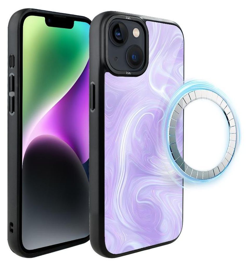 Schutzhülle für das iPhone 14 Plus, MagSafe-kompatibel, mattschwarze Seiten, violettes Muster, Wirbel