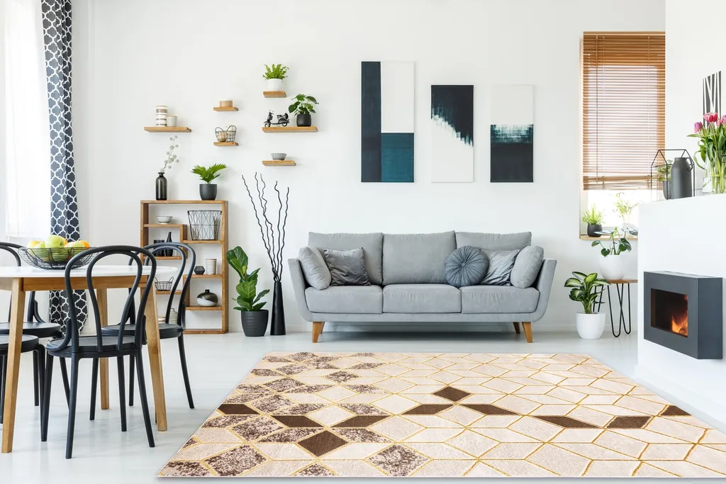 Tapis 3D structurel beige en molleton doux avec motif cube géométrique