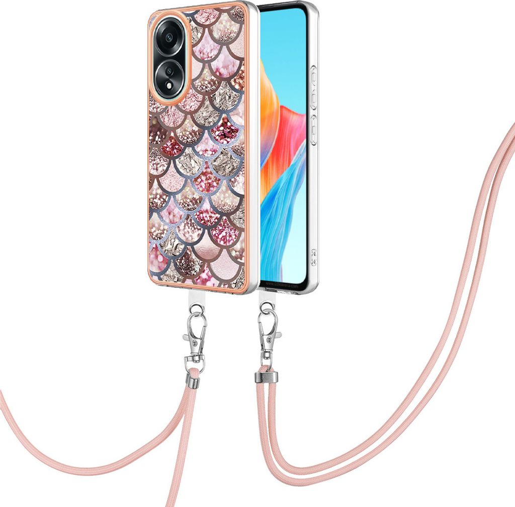 Handykette Hülle für Oppo A58 4G Muster TPU Schutzhülle mit verstellbarem Tragegurt Kaffee