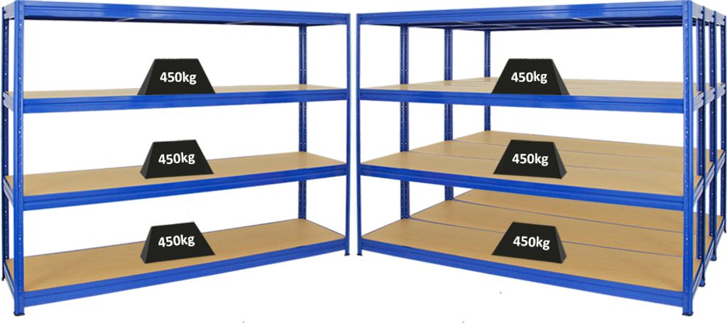 Mega Deal | 4x Schwerlastregal DINO | HxBxT 180x240x60 cm | 4 MDF-Platten-Ebenen 6,5 mm | Fachlast 450kg | Blau