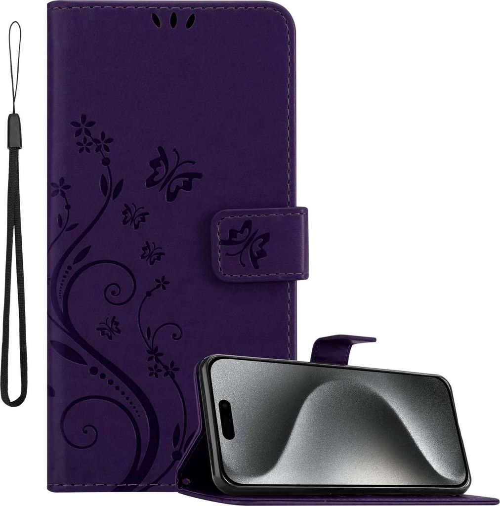 Cadorabo Hülle für Apple iPhone 15 PRO in FLORAL DUNKEL LILA Schutzhülle im Blumen Design mit Magnetverschluss, Standfunktion und Kartenfächern...