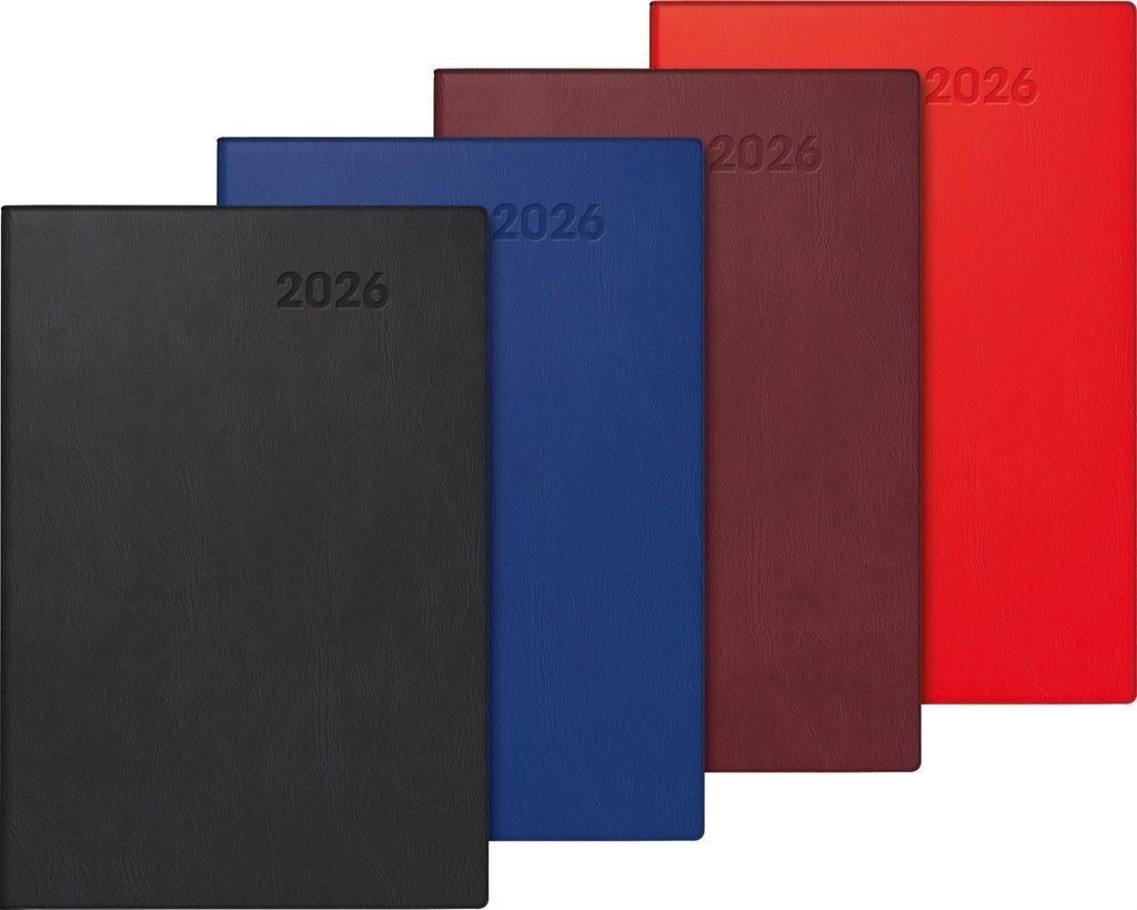 A row of four diaries in different colors.