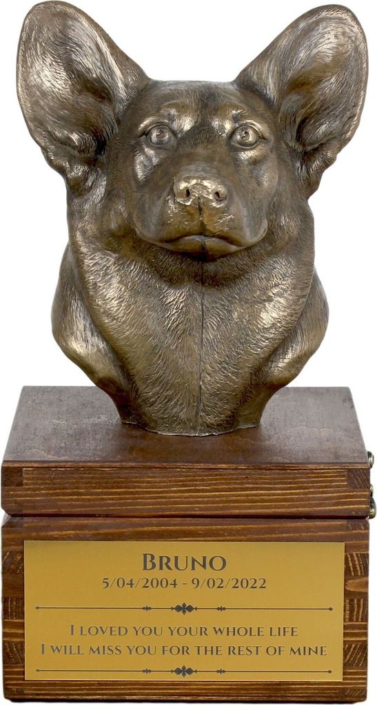 Pembroke Welsh Corgi - Eine Ascheurne für Hunde mit einer Statuette, eine kleine Urne für Hunde, eine personalisierte Urne mit dem Porträt eines...
