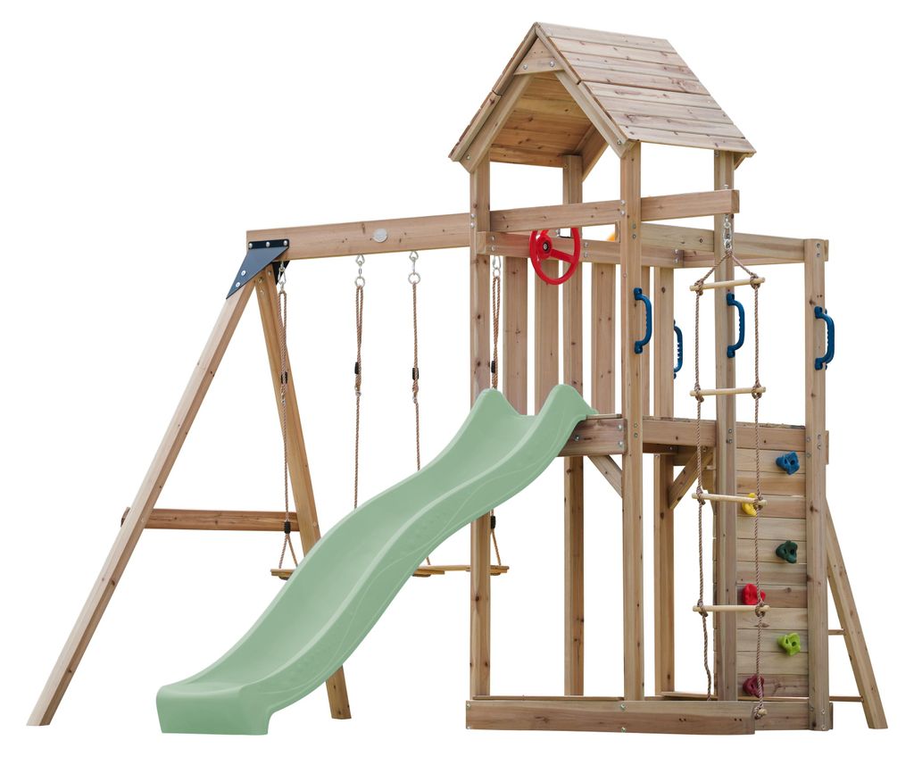 AXI Moos Spielturm aus Holz mit 2 Schaukeln & Strickleiter | XXL Spielhaus / Spielplatz für Kinder mit Kletterwand, Sandkasten & Rutsche in Pastel...