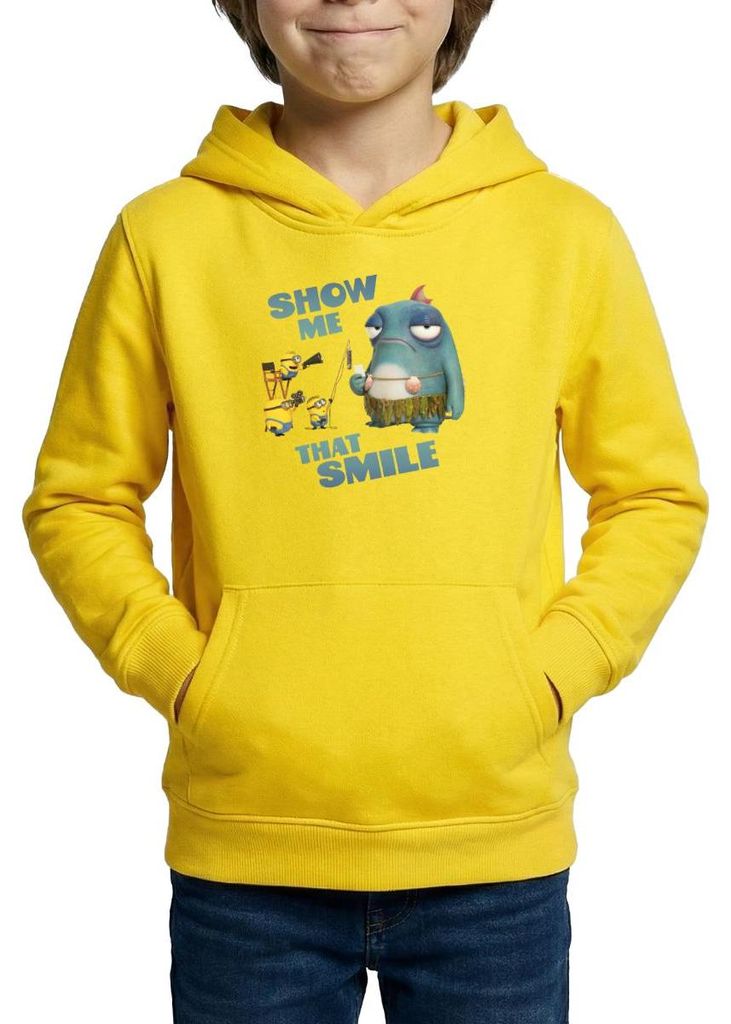 Spreadshirt Minions Spruch Show Me That Smile Phillip Kinder Hoodie, XS (3/4 years), Gelb
