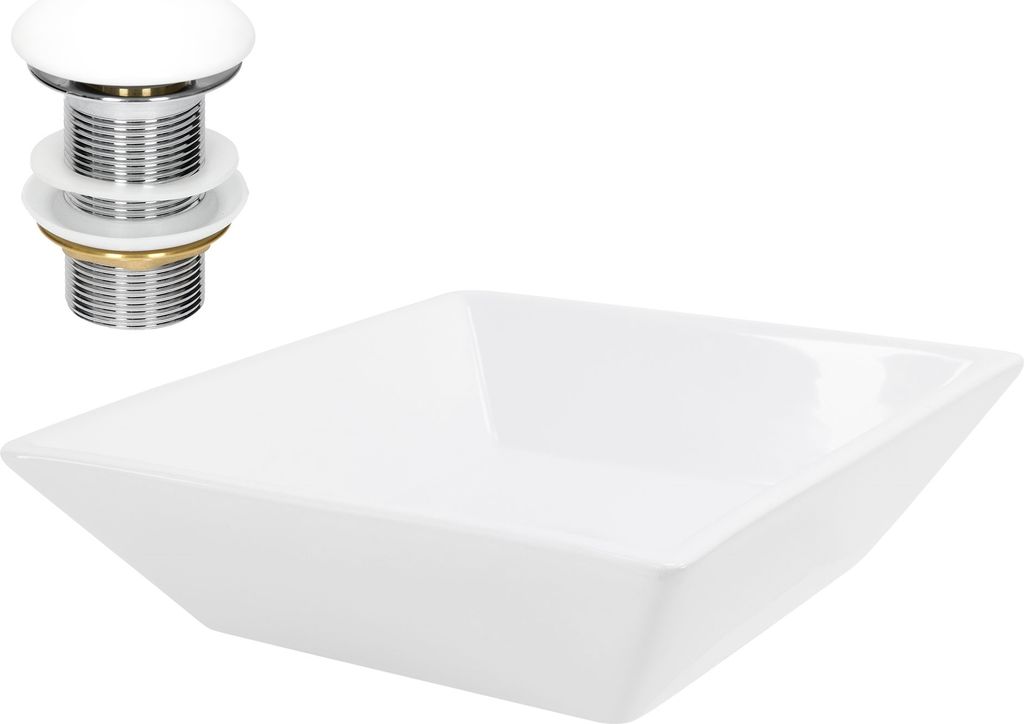 LuxeBath Waschbecken Aufsatzwaschbecken Quadratisch, 41x41x12 cm, Weiß, aus Keramik, inkl. Ablaufgarnitur ohne Überlauf