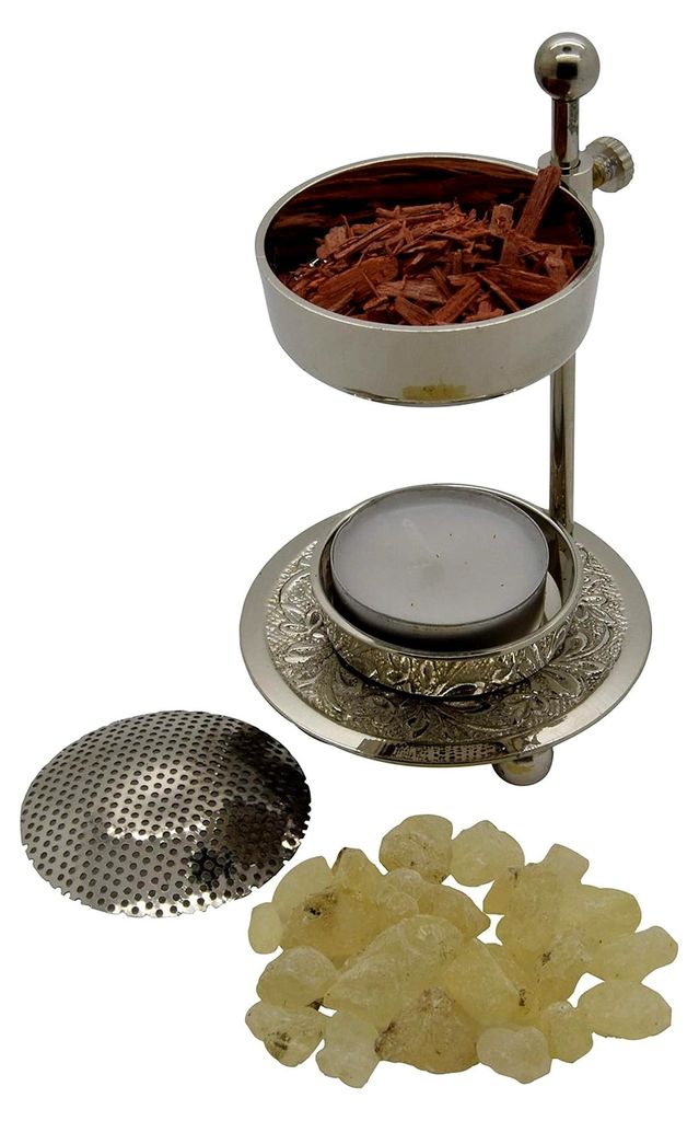 Weihrauchbrenner höhenverstellbar - Silbern Räuchergefäß höhenverstellbar zum Räuchern von Weihrauch oder Harzen inkl. Starterkit
