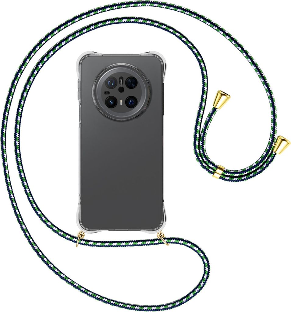 Handykette Backcover-Schutzhülle mit Band (Metall goldfarben) für Huawei Mate 70 - grün/blau/weiß