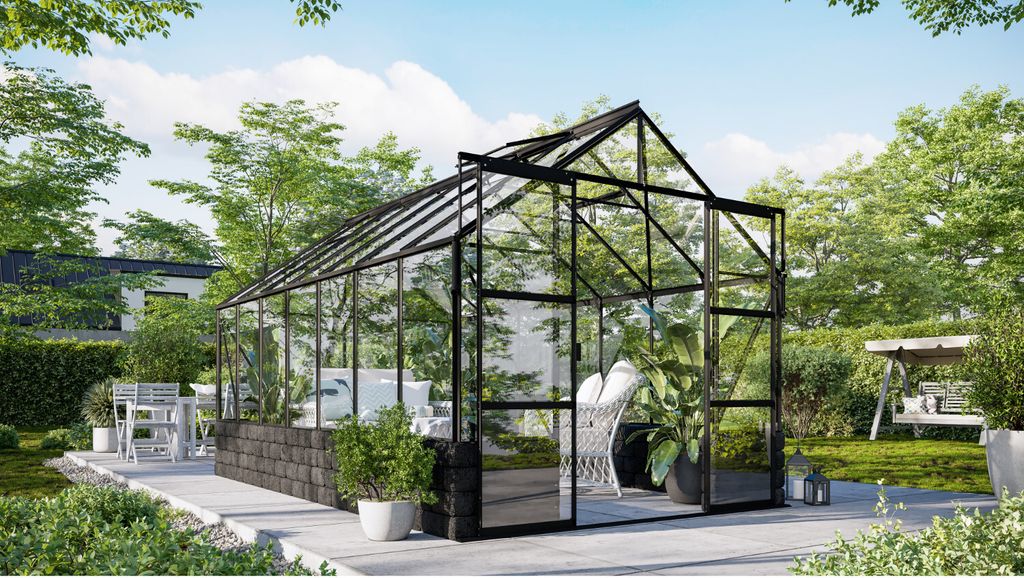 Vitavia Gewächshaus "Cassandra 11500" schwarz 11,5 m² mit Sockelmauer in basalt, 3 mm ESG