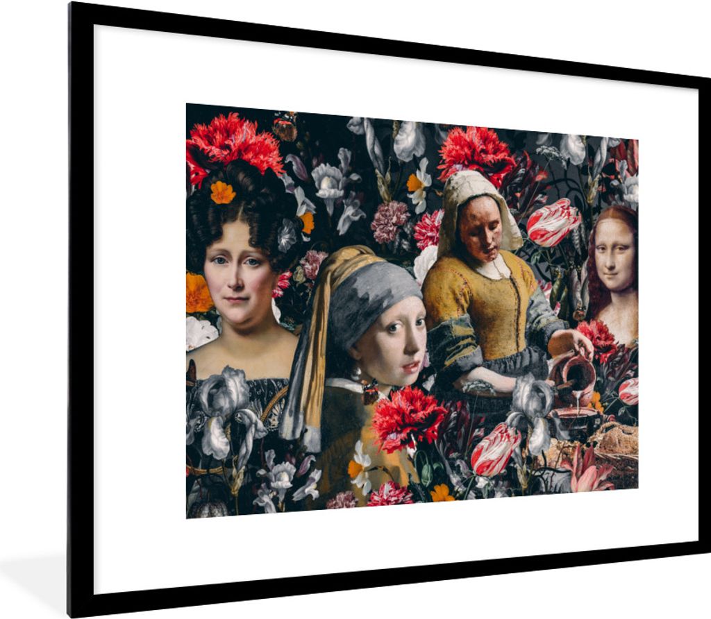 MuchoWow Gerahmtes Poster Kunst - Blumen - Collage 80x60 cm - Poster mit Schwarzem Bilderrahmen Wandposter Rahmen Foto Bilder - Schlafzimmer-Deko...