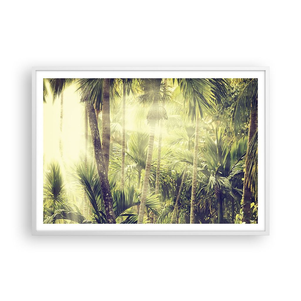 Gerahmtes Poster - Weißer Rahmen - Morgendämmerung Dschungel Palmen - 100x70 cm - Wand Bild - Wanddeko - Wandbilder - Kunstposter - Wandposter - ...