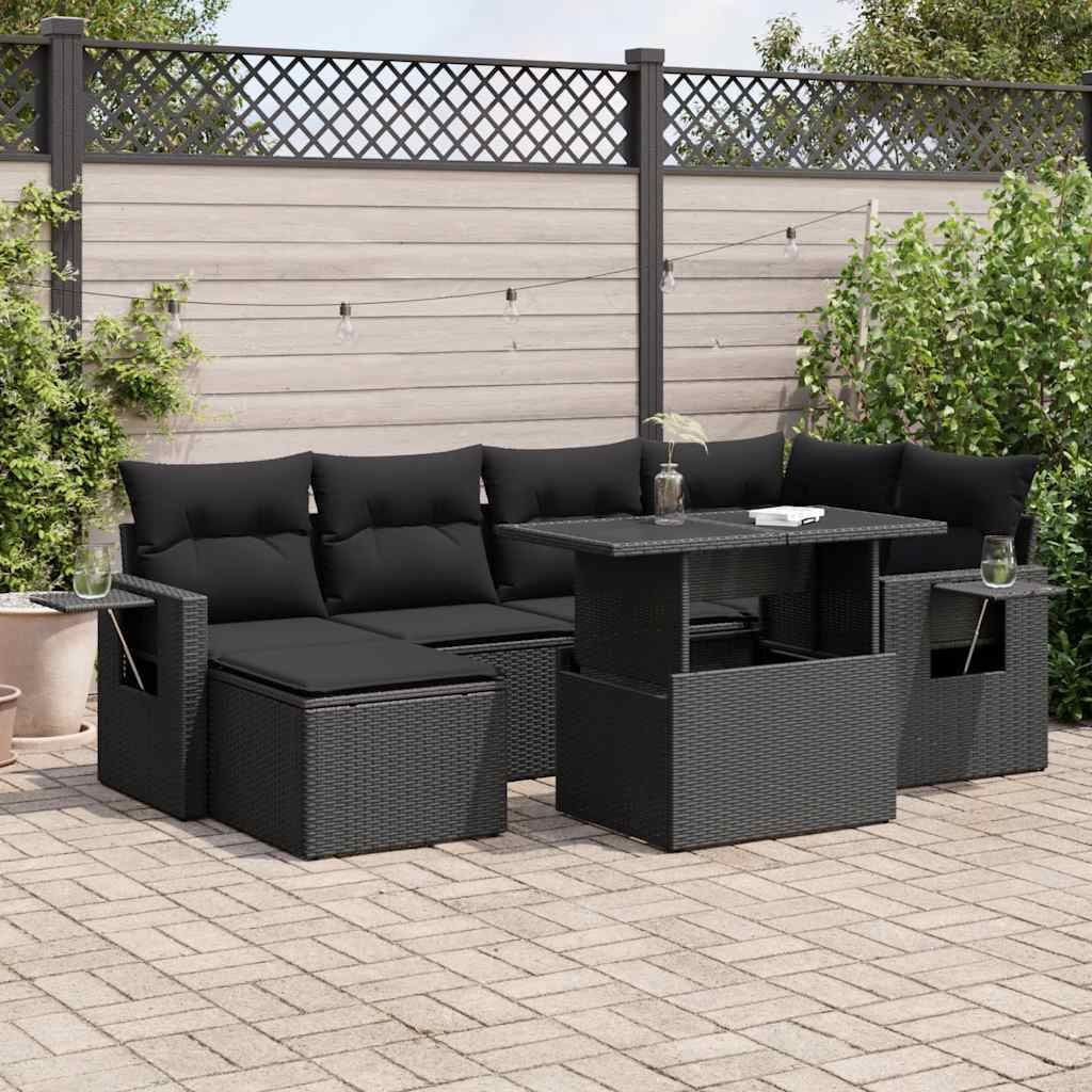 Möbel 7-tlg. Garten-Sofagarnitur mit Kissen Schwarz Poly Rattan - Gartenmöbelgarnituren 3326506