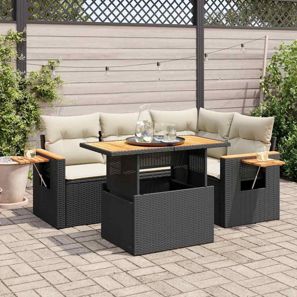"Rabatt" 5tlg. Garten-Sofagarnitur - mit sofa - mit Kissen Schwarz Poly Rattan Akazie - Lounge-Dining set CC12145