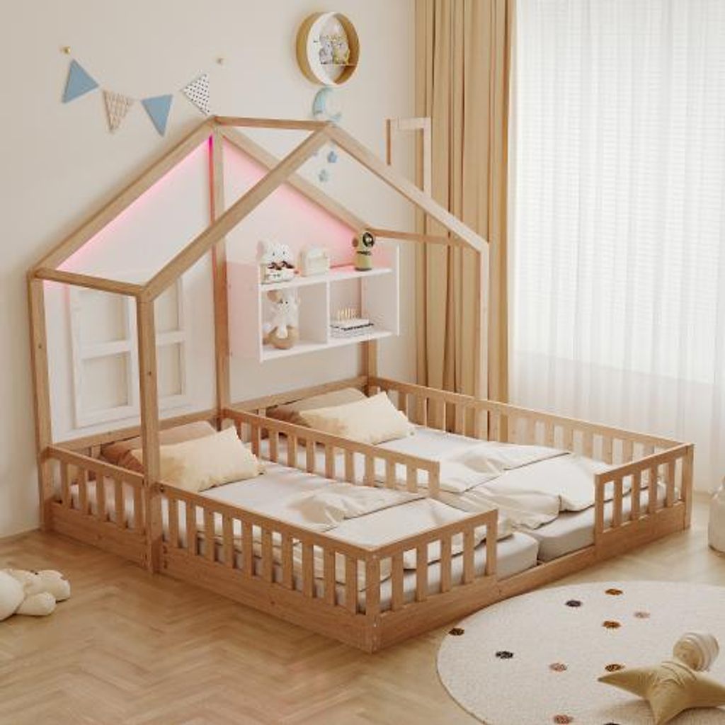 Kinderbett Aus Holz 90×200cm, Babybett Freistehendes Doppelbett, Hausdesign mit Fenstern Schornstein LED Sicherheitsgeländer Ablageflächen, Holz...