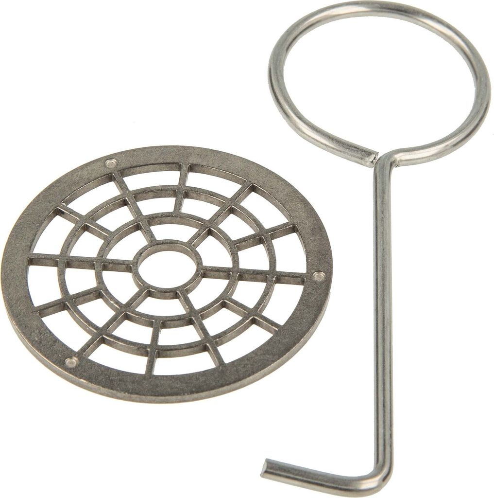 A drain grate and a tool for removing it, shown on a white background.