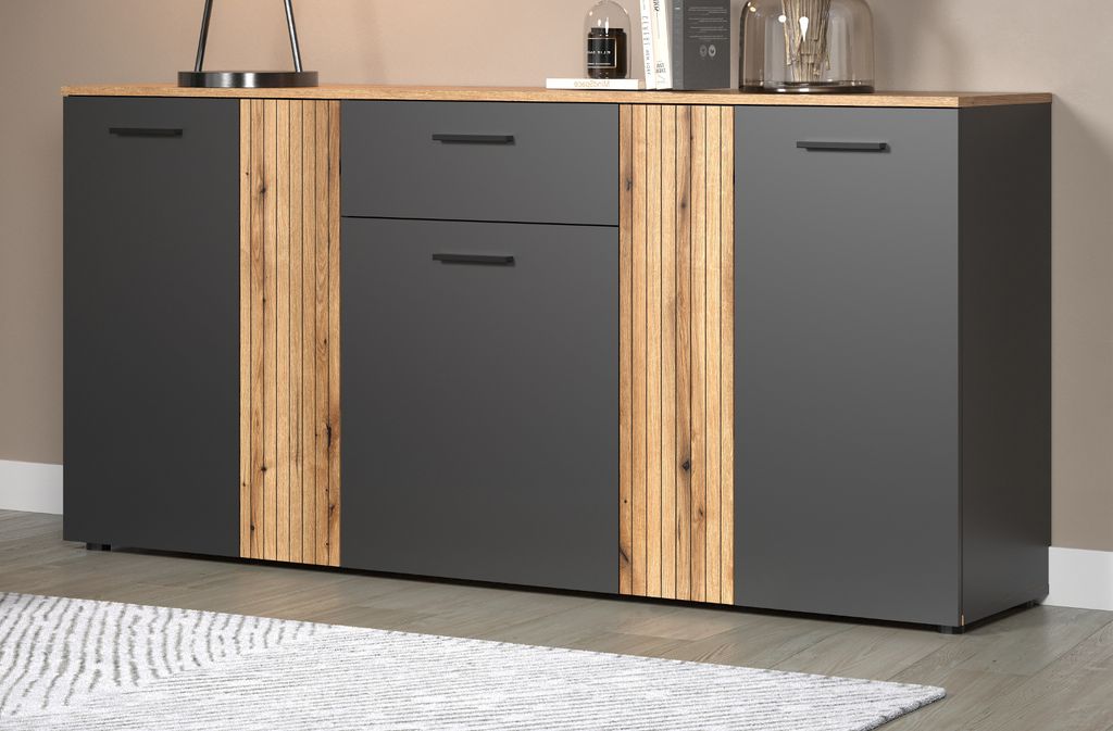 Kommode "Avila" Sideboard in grau mit Evoke Eiche 181 x 86 cm, Staboptik