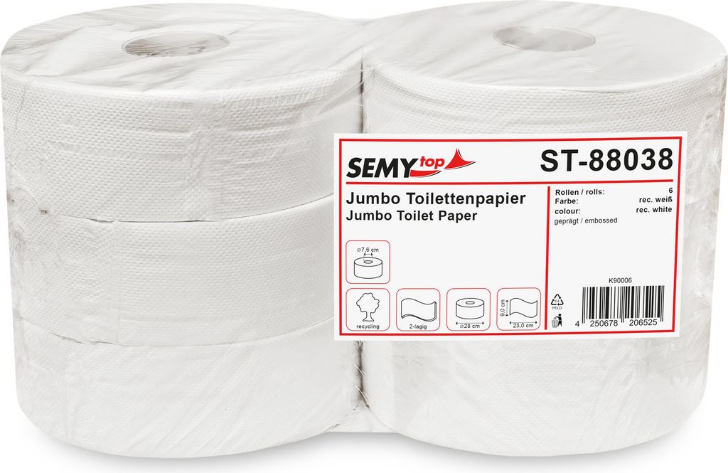 SemyTop 6x Jumbo Toilettenpapier Großrollen aus recycling Material | 2-lagig, Fabe rec.weiß, Ø28cm