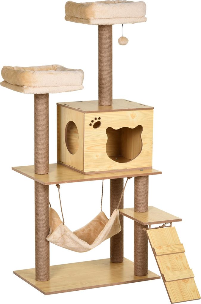 PawHut Katzenbaum im modernen Design mit Kratzstämmen, Natursisal, Nische, Plattformen, Hängematte, Ball, Spanplatten, Beige