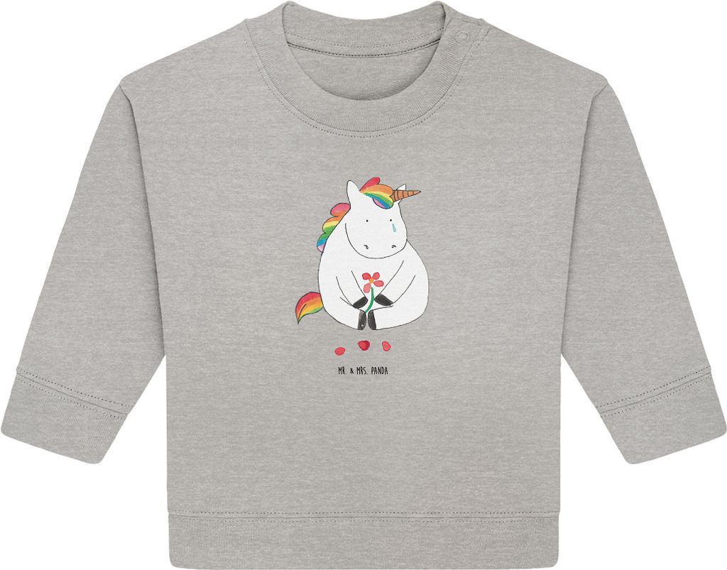 Mr. & Mrs. Panda Organic Baby Pullover Einhorn Traurig 6. - 12. Monat - Heather Grey - Geschenk, Liebe, Grußkarte, Blume, Trauer, Bullover, Einhö...
