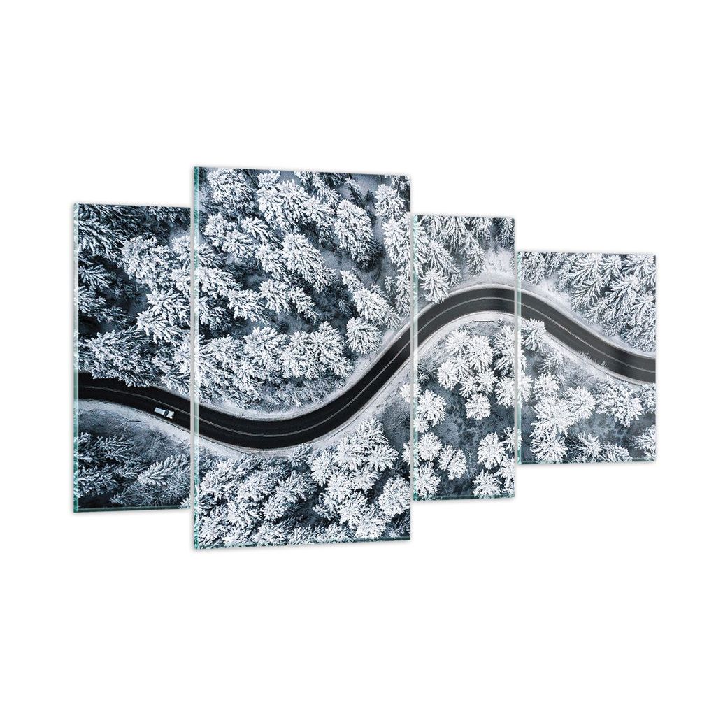 Bilder auf glas - 4 Teile - Wald Winter Straße - 120x70cm - Glasbilder - Wandbilder - Bilder - zum Aufhängen bereit - Wanddekoration aus Glas - G...