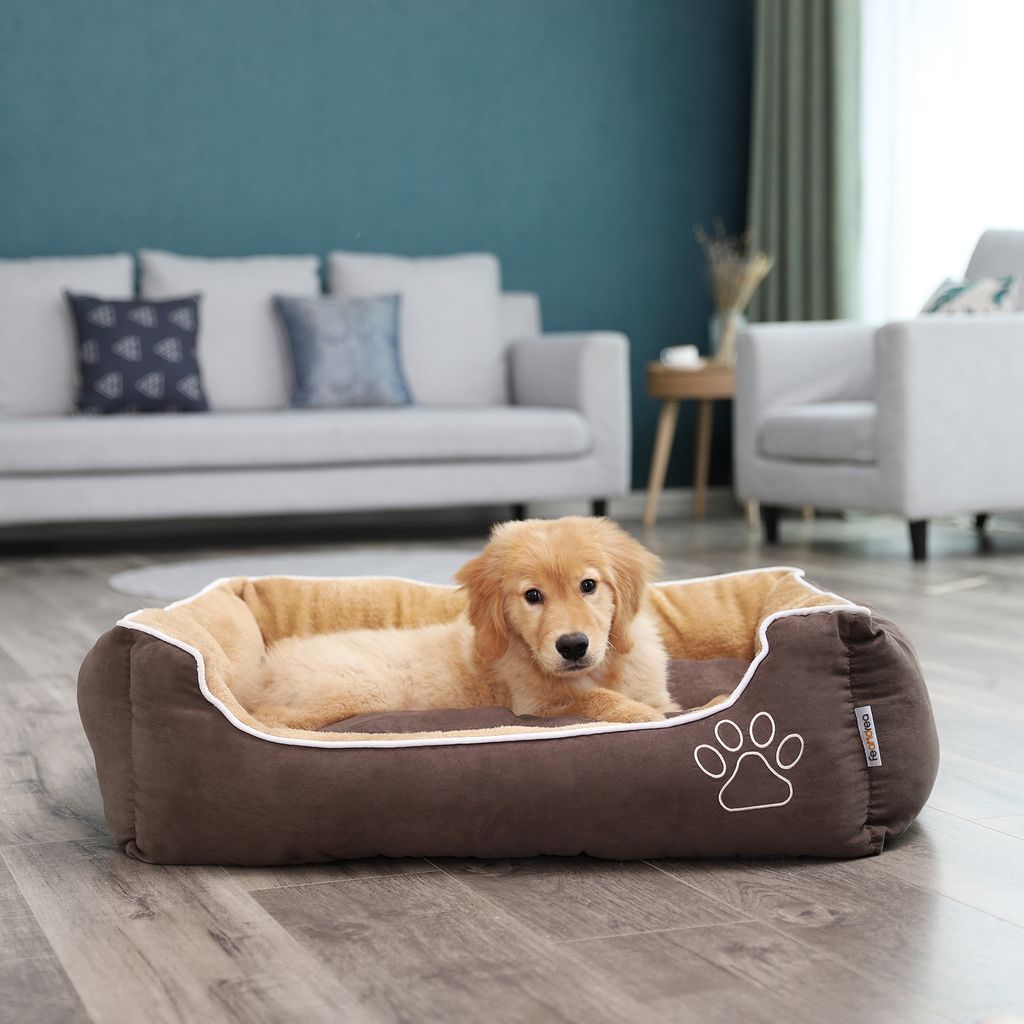 FEANDREA Hundebette weiche Luxus aus Plüsch 90 x 25 x 75 cm mit abnehmbarem Kissen braun beige PGW06YC