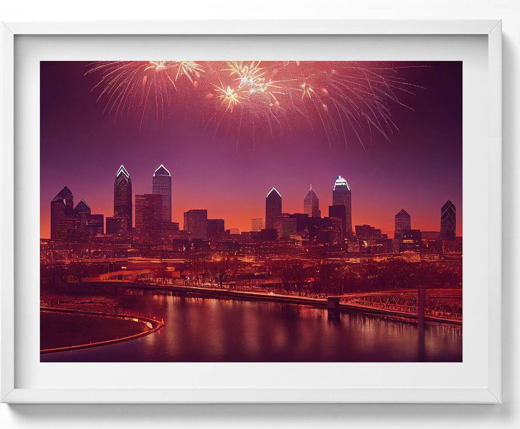 Stadt bei Nacht Feuerwerk in Philadelphia– Wandbild mit Rahmen – Gerahmtes Bild – Wanddekoration – 80x60 cm – Weiß Rahmen