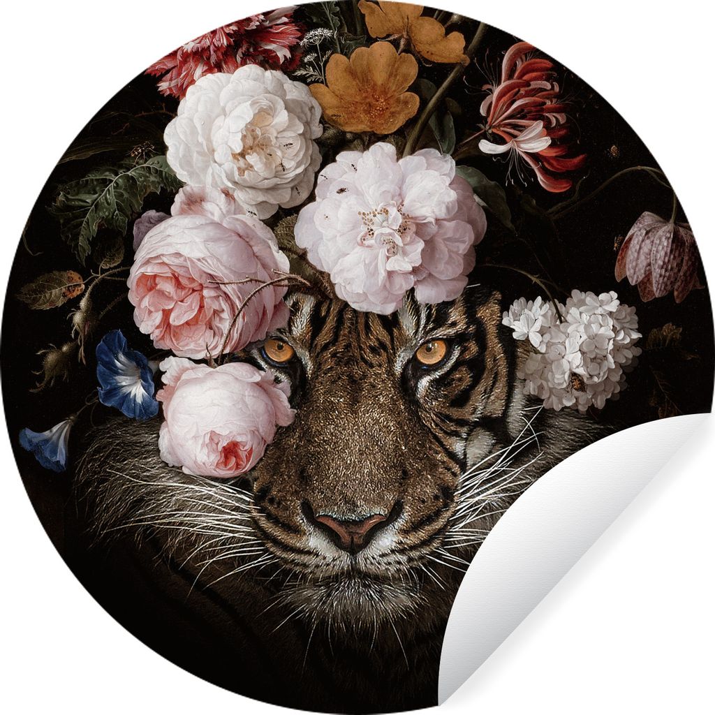 MuchoWow Runde Wandtattoo - Wandsticker Tapete Aufkleber Tiger - Blumen - Kunst Ø 80 cm Selbstklebend und Repositionierbar - Wandaufkleber - Kre...