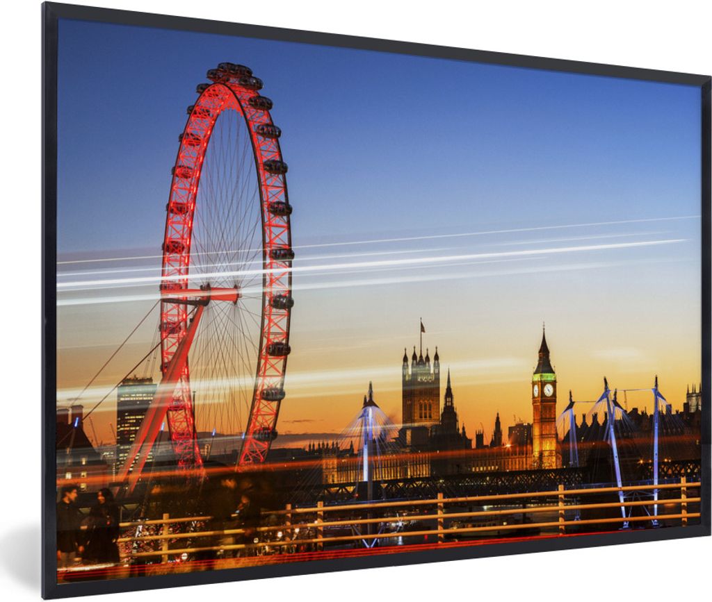 MuchoWow Gerahmtes Poster Lichtstrahlen entlang des London Eye in England 90x60 cm - Poster mit Schwarzem Bilderrahmen Wandposter Rahmen Foto Bil...