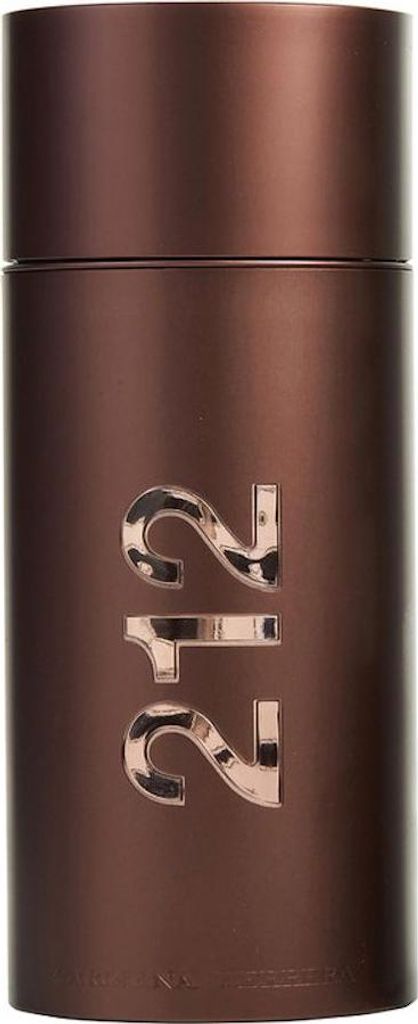 A close-up, front-facing studio shot of a cylindrical brown perfume bottle with metallic rose gold numbering '212' embossed on the front.