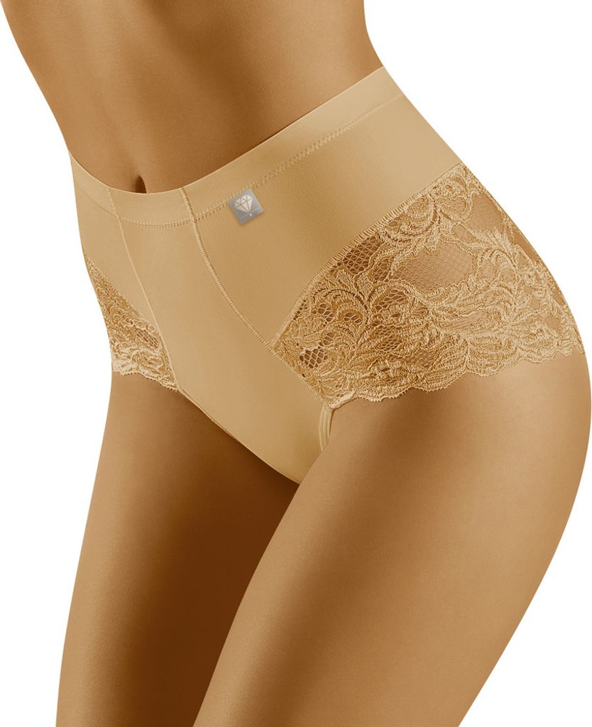 Wolbar WB406 Dame Unterhose Slip hoher Bund Spitze Unterwäsche, Beige, S