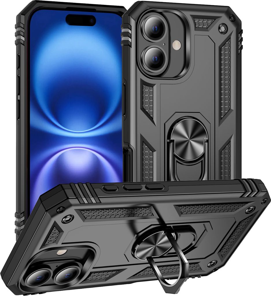 Schutzhülle für iPhone 16 Plus Dual Layer Robust Militäre Fallschutz Hülle mit Ringhalterung Ständer Schwarz