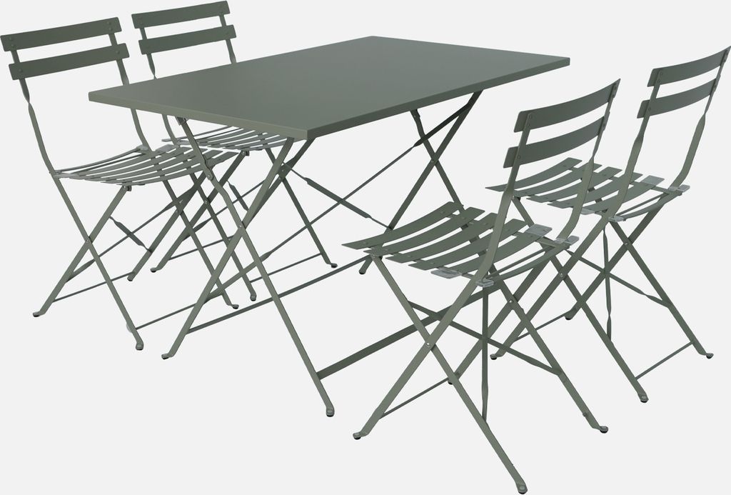 A metal bistro set with a table and four chairs, presented against a plain background.