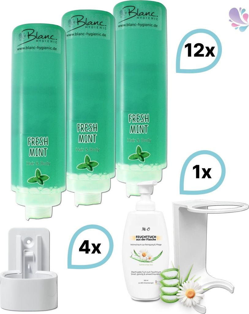 KOMPLETT-SET Duscherlebnis 12x425ml verschied. Düfte, 1x300ml Intim Reinigungsschaum+ 5x Wandhalterung : Duftnote - Fresh Mint: Minze, Teebaum, Fa...