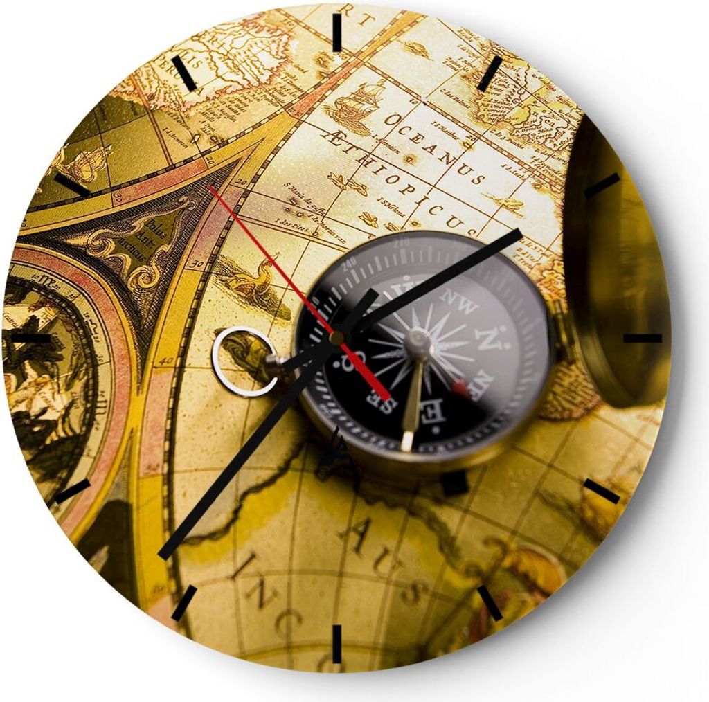 Wanduhr - Rund - Glasuhr - Abstrakt kommunikation kompass erde - 40x40cm - Schleichendes Uhrwerk - Lautlos - zum Aufhängen bereit - Dekoration Mod...