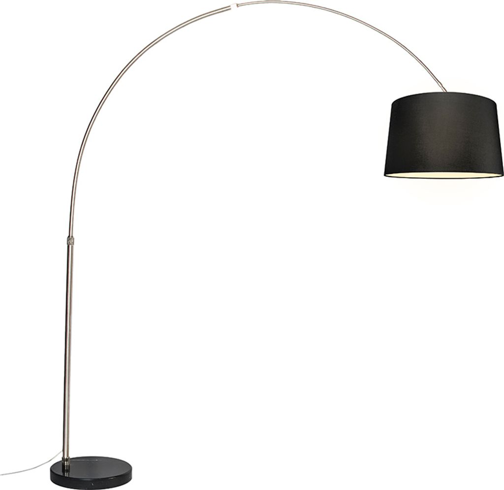 QAZQA - Modern Bogenleuchte I Bogenlampe I Lampe I Leuchte Stahl I Silber I nickel matt Stoffschirm schwarz 45 cm - XXL I Wohnzimmer - Stahl Längl...