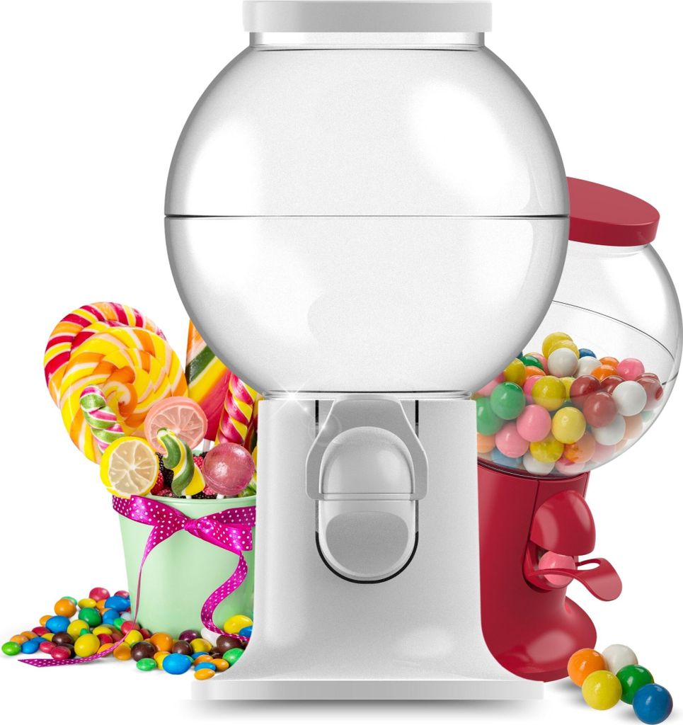 A white gumball machine is shown in the foreground, with a red gumball machine in the background. Various candies and lollipops are arranged around the machines.