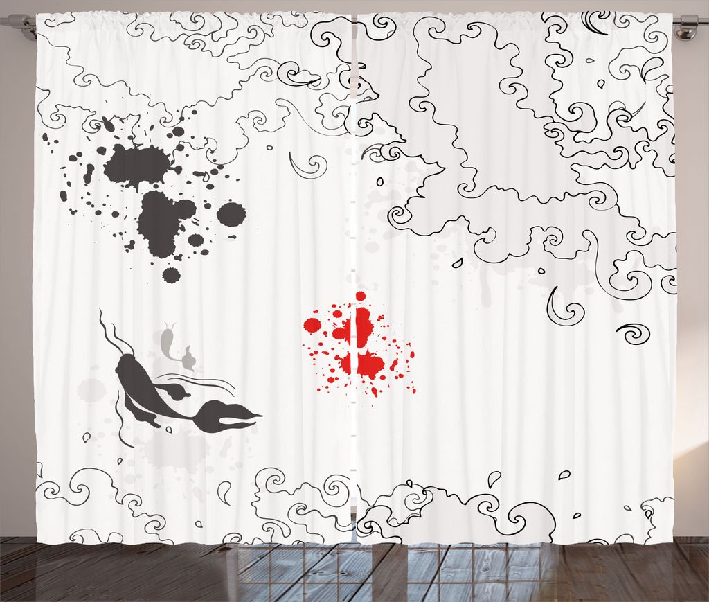ABAKUHAUS Skizzenhaft Rustikaler Vorhang, Koi Fisch Schwimmen Kunst, Wohnzimmer Universalband Gardinen mit Schlaufen und Haken, 280 x 225 cm, Weiß...