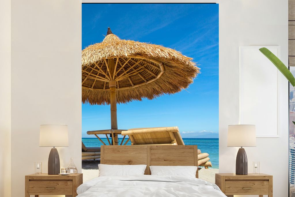 MuchoWow Fototapete für Wohnzimmer oder Schlafzimmer Wandtapete Vinyl Motivtapete Strandkorb - Strand - Sonnenschirm - Meer - Sommer - 195x300 c...