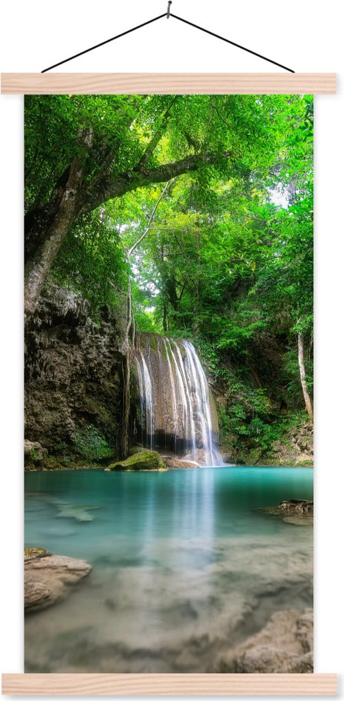 MuchoWow Textilposter Dschungel - Wasserfall - Pflanzen - Wasser - Natur 60x120 cm mit holzfarbenen Rahmen - Holz