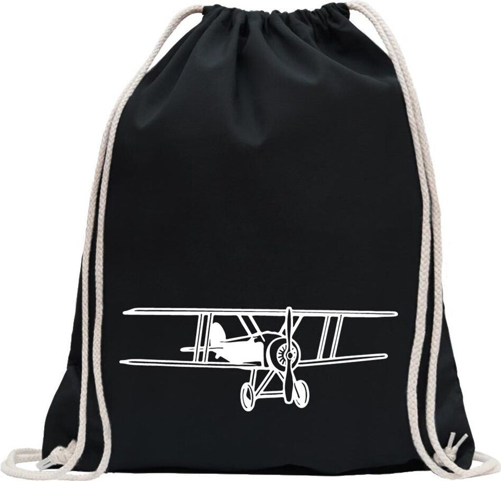 Kiwistar - Turnbeutel - schwarz - Doppeldecker Flugzeug - Fun Rucksack Sport Beutel Gymsack Baumwolle mit Ziehgurt