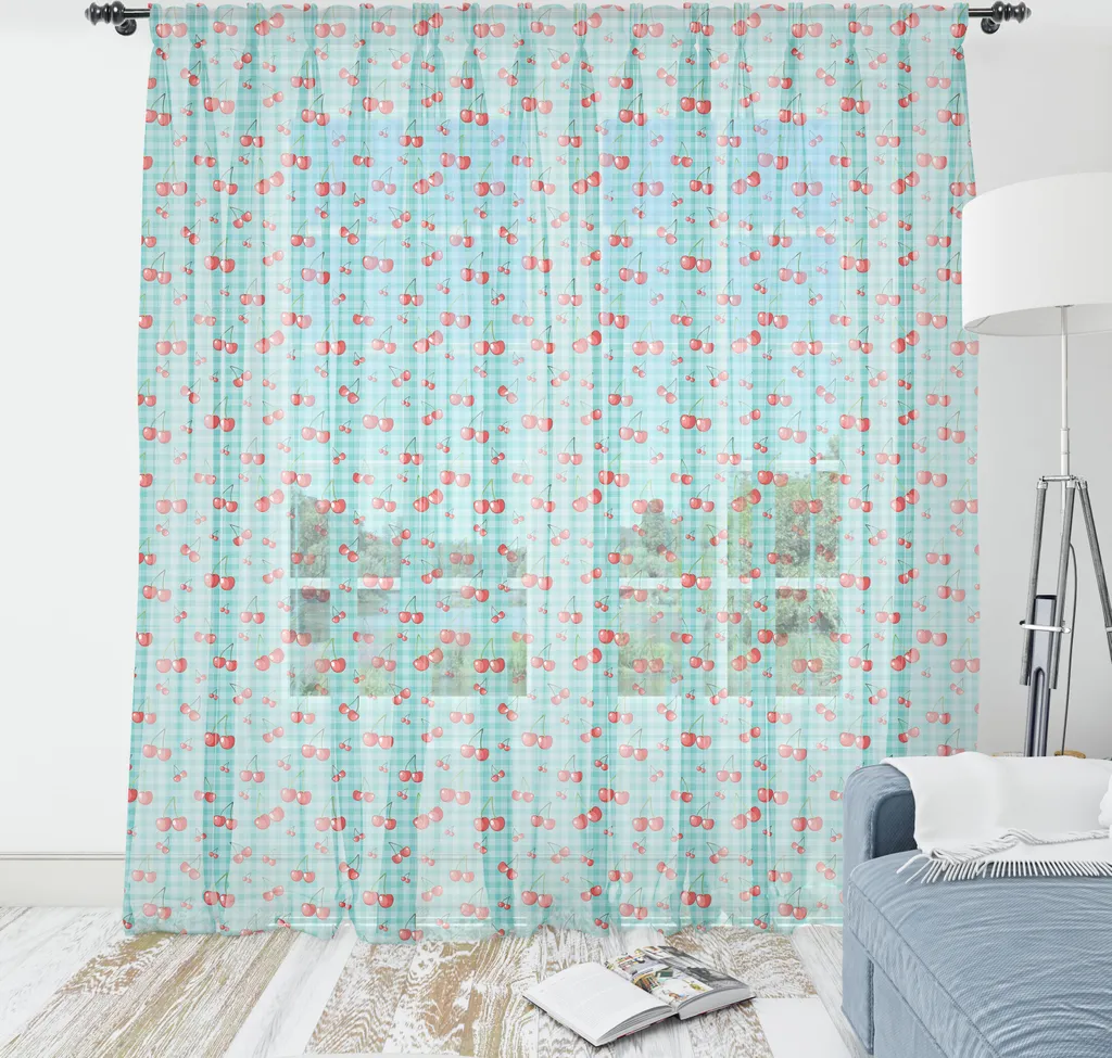 Tenture Murale Cerises Motif Vichy en Tissu Satiné 210x274cm Aqua