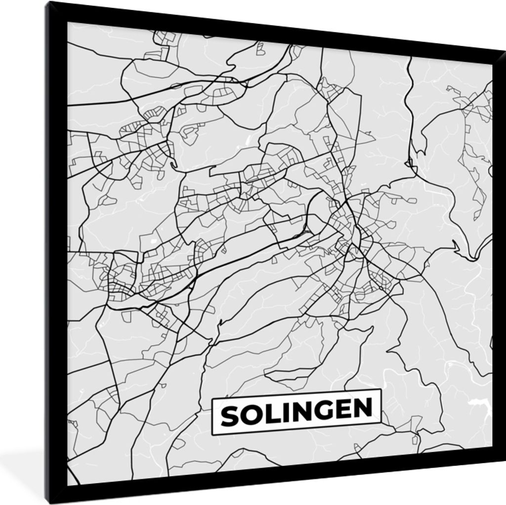 MuchoWow Gerahmtes Poster Karte - Stadtplan - Deutschland - Solingen 40x40 cm - Poster mit Schwarzem Bilderrahmen Wandposter Rahmen Foto Bilder -...