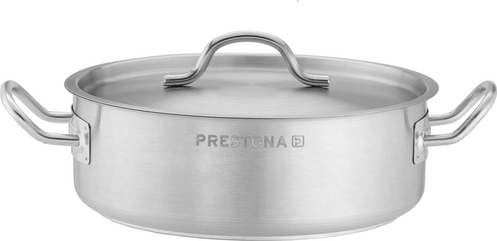 A stainless steel pot with a lid and two handles, shown from the front on a white background.