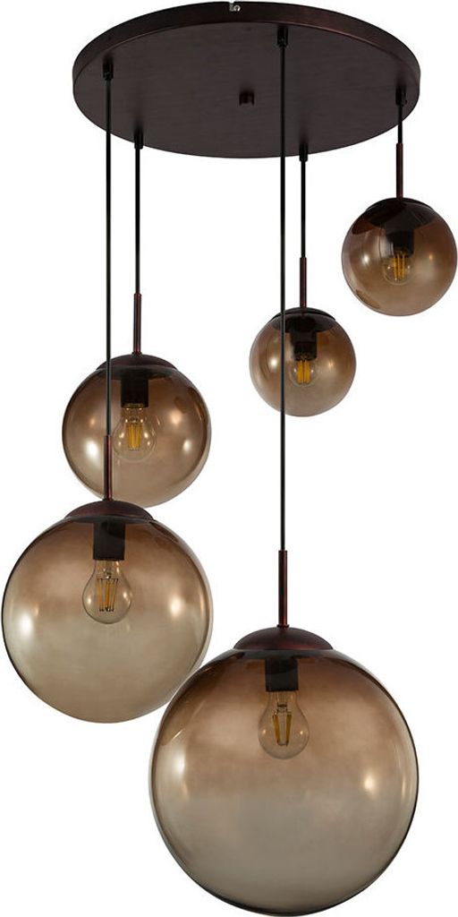 Hängeleuchte, 5x Glaskugeln, amber, Höhe 150 cm