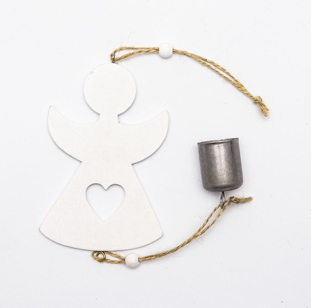 DECOLED Hängende Holzdeko, Engel, 12x8 cm mit Glocke 3 cm