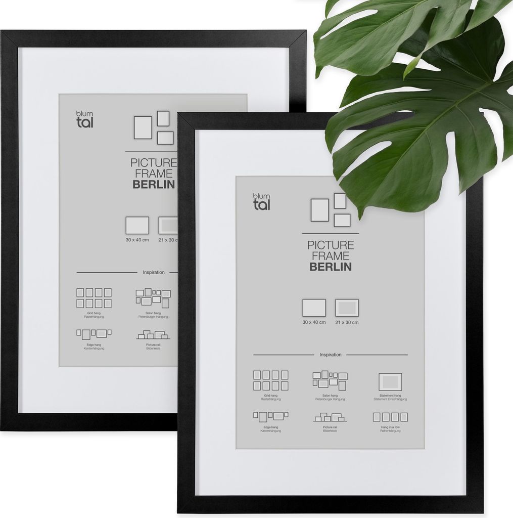 Two black picture frames are shown, one slightly behind the other, with a large green leaf in the upper right corner. The frames have informational inserts with text and diagrams.